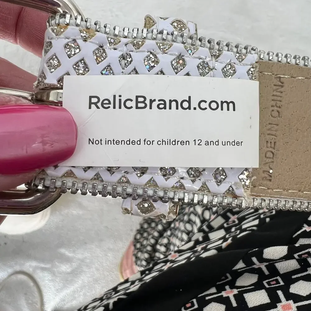 RELIC BRAND White Diamond & Iridescent Silver Pattern Belt L Fairy Glam Kitschy